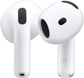 Imagen de la parte posterior y frontal de un par de AirPods. El de la derecha tiene la letra R en la parte inferior para indicar que va en el oído derecho