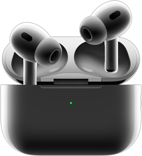Unos AirPods Pro 2 saliendo del estuche de carga, una luz verde en la parte frontal del estuche de carga