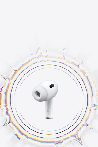 Almohadilla de silicón de uno de los audífonos de los AirPods Pro 3 que está rodeado por ondas de sonido circulares
