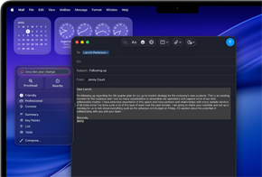Herramientas de Escritura de Apple Intelligence ayudando a editar un email en la pantalla de una MacBook Pro de 14 pulgadas con los widgets Reloj y Calendario de fondo