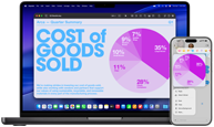 Una MacBook Pro de 14 pulgadas muestra una gráfica circular en una presentación de Keynote, mientras que el iPhone que aparece al lado muestra la misma gráfica circular en Mensajes