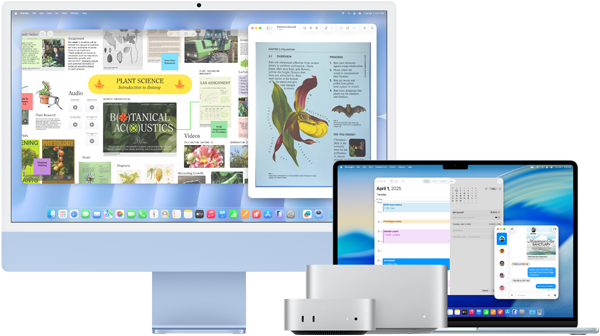 Dispuestas una al lado de la otra, una iMac de 24 pulgadas, una MacBook Air de 15 pulgadas, una Mac mini y una Mac Studio con diferentes apps abiertas: Freeform, Vista Previa, Calendario y Mensajes