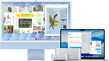 Dispuestas una al lado de la otra, una iMac de 24 pulgadas, una MacBook Air de 15 pulgadas, una Mac mini y una Mac Studio con diferentes apps abiertas: Freeform, Vista Previa, Calendario y Mensajes