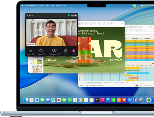Una presentación de Keynote, una hoja de cálculo de Microsoft Excel y una llamada de Zoom abiertas al mismo tiempo en una MacBook Air de 13 pulgadas