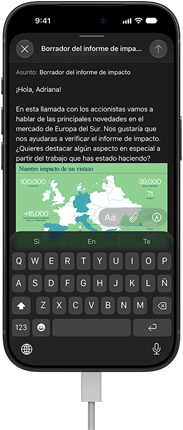iPhone 18 Pro, negro, conectado a un cargador, la pantalla muestra un email de trabajo en Mail