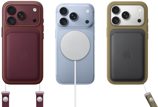 De izquierda a derecha, un iPhone 18 Pro con funda de piel color borgoña y correa cruzada color borgoña; en el centro, un iPhone 18 Pro color glaciar con un cargador MagSafe blanco; a la derecha, un iPhone 18 Pro color plata con una funda de piel verde con correa de muñeca y cartera