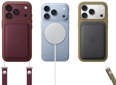 De izquierda a derecha, un iPhone 18 Pro con funda de piel color borgoña y correa cruzada color borgoña; en el centro, un iPhone 18 Pro color glaciar con un cargador MagSafe blanco; a la derecha, un iPhone 18 Pro color plata con una funda de piel verde con correa de muñeca y cartera