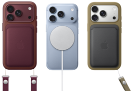 De izquierda a derecha, un iPhone 18 Pro con funda de piel color borgoña y correa cruzada color borgoña; en el centro, un iPhone 18 Pro color glaciar con un cargador MagSafe blanco; a la derecha, un iPhone 18 Pro color plata con una funda de piel verde con correa de muñeca y cartera