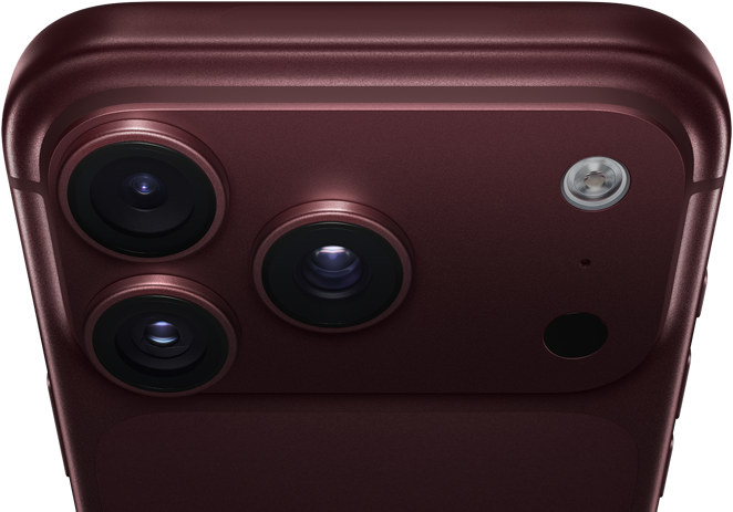iPhone 18 Pro Max, color borgoña (rojo oscuro), parte posterior, sistema de cámaras Pro Fusion en la parte superior, 3 lentes, láminas de apertura variable parcialmente cerradas, flash, micrófono y escáner LiDAR, parte superior, antena celular, lados planos, esquinas redondeadas