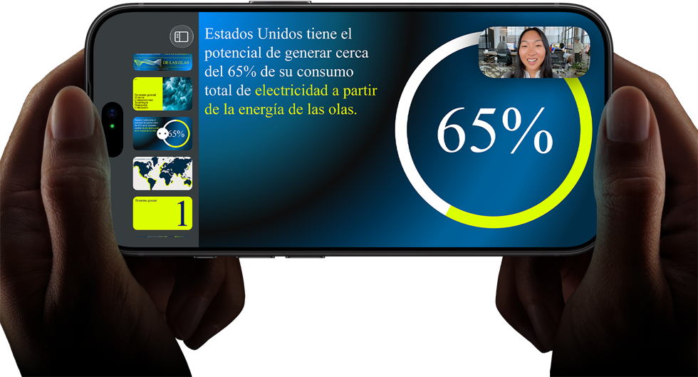 Demostración de una videollamada en horizontal con una presentación de Keynote en un iPhone 18 Pro, negro
