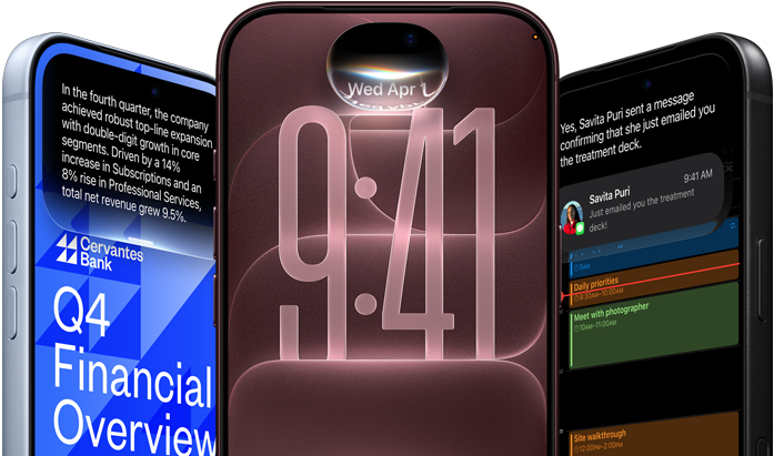 3 dispositivos iPhone 18 Pro, en color glaciar, color borgoña y negro, que muestran ejemplos de IA: servicios bancarios, Siri AI, resumen de Mensajes
