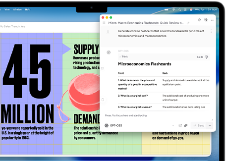 Pantalla de una MacBook Air que muestra Herramientas de Escritura de Apple Intelligence creando tarjetas de estudio sobre micro y macroeconomía