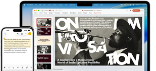 Un iPhone 16 Plus con texto resaltado en la app Notas, una MacBook Air con una diapositiva de Keynote abierta, el texto de la app Notas visible en la diapositiva