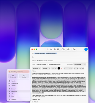 Pantalla de una MacBook Neo, se usa Herramientas de Escritura de Apple Intelligence en Mail para revisar un párrafo extenso de un email con comentarios sobre una publicación