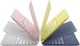 Laptops MacBook Neo en color plata, rosa rubor, amarillo cítrico e índigo, levemente abiertas y acomodadas en forma de arco