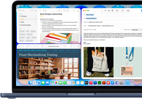 MacBook Neo, color índigo, la pantalla muestra un email de bienvenida para alguien que recién empezó a trabajar en una librería, unas ventanas en mosaico contienen un archivo de Notas sobre la incorporación y el sitio web del portal para empleados de la librería en Safari