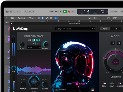 Contenido en pantalla que muestra el software MicDrop usando funcionalidades de IA para editar una grabación de voz en una MacBook Pro