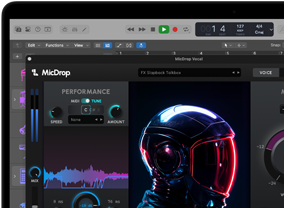 Contenido en pantalla que muestra el software MicDrop usando funcionalidades de IA para editar una grabación de voz en una MacBook Pro