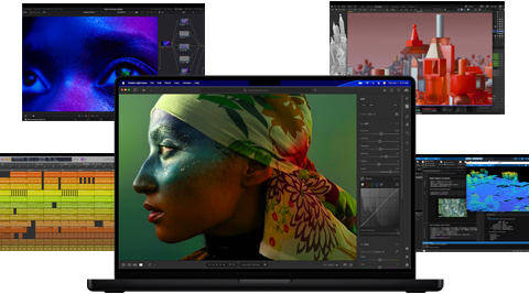 Varias imágenes con contenido colorido de apps de producción de música, edición de video, animación 3D y edición de fotos en una Mac que muestran el potente rendimiento gráfico