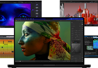 Varias imágenes con contenido colorido de apps de producción de música, edición de video, animación 3D y edición de fotos en una Mac que muestran el potente rendimiento gráfico