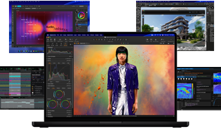 Varias imágenes con contenido colorido de apps de producción de música, diseño gráfico, animación 3D y edición de fotos en pantallas de Mac que muestran el potente rendimiento gráfico