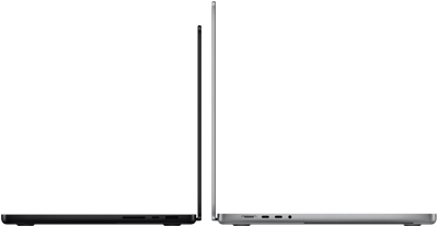 Una MacBook Pro de 14 pulgadas y una de 16 pulgadas colocadas una contra otra, para mostrar la diferencia de tamaño y destacar el perfil delgado
