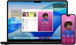 MacBook Pro y iPhone 16 Plus, app Teléfono abierta, el mismo contacto aparece en ambas pantallas