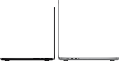 Una MacBook Pro de 14 pulgadas y una de 16 pulgadas colocadas una contra otra, para mostrar la diferencia de tamaño y destacar el perfil delgado