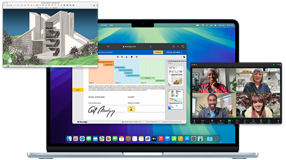 Varias pantallas que muestran lo fácil que es ejecutar varias apps a la vez en una MacBook&nbsp;Air, como páginas web en Safari, videollamadas en Zoom y archivos en SketchUp