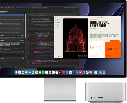 Studio Display XDR, la pantalla muestra un documento en proceso con Claude Agent en XCode, Mac Studio, vista frontal