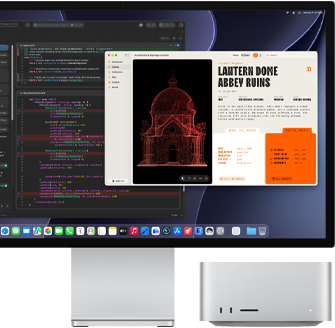 Studio Display XDR, la pantalla muestra un documento en proceso con Claude Agent en XCode, Mac Studio, vista frontal