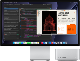 Studio Display XDR, la pantalla muestra un documento en proceso con Claude Agent en XCode, Mac Studio, vista frontal