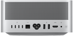 Mac Studio, parte posterior, ventilación de aluminio perforado, cuatro puertos Thunderbolt 5, puerto Ethernet, entrada para cable de corriente, dos puertos USB‑A, puerto HDMI, entrada para audífonos y botón de encendido