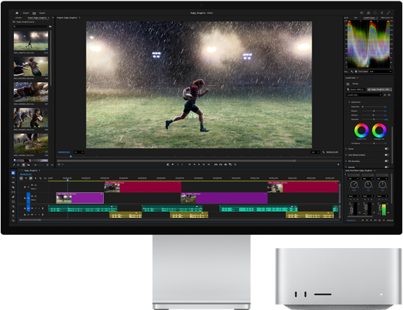 Studio Display XDR con base integrada, una Mac Studio cabe perfectamente debajo del monitor, la pantalla muestra un flujo de trabajo con herramientas de edición de video y corrección de color