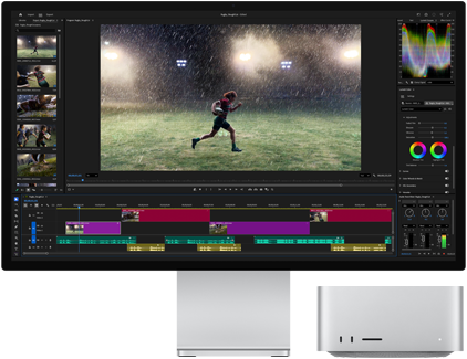 Studio Display XDR con base integrada, una Mac Studio cabe perfectamente debajo del monitor, la pantalla muestra un flujo de trabajo con herramientas de edición de video y corrección de color