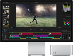 Studio Display XDR con base integrada, una Mac Studio cabe perfectamente debajo del monitor, la pantalla muestra un flujo de trabajo con herramientas de edición de video y corrección de color