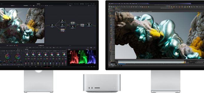 Monitores Studio Display y Studio Display XDR, uno a cada lado de una Mac Studio, que muestran el espacio de trabajo de un artista, con software y herramientas para modelado 3D