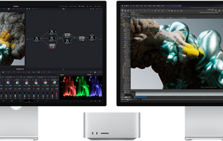 Monitores Studio Display y Studio Display XDR, uno a cada lado de una Mac Studio, que muestran el espacio de trabajo de un artista, con software y herramientas para modelado 3D