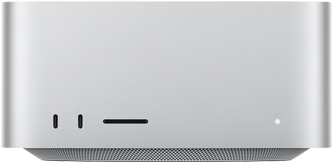 Mac Studio, parte frontal, dos puertos USB‑C, ranura para tarjeta SDXC, luz indicadora de estado, base cónica en la parte inferior, superficie plana en la parte superior, lados redondeados, bordes rectos, color plata