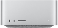Mac Studio, parte frontal, dos puertos USB‑C, ranura para tarjeta SDXC, luz indicadora de estado, base cónica en la parte inferior, superficie plana en la parte superior, lados redondeados, bordes rectos, color plata