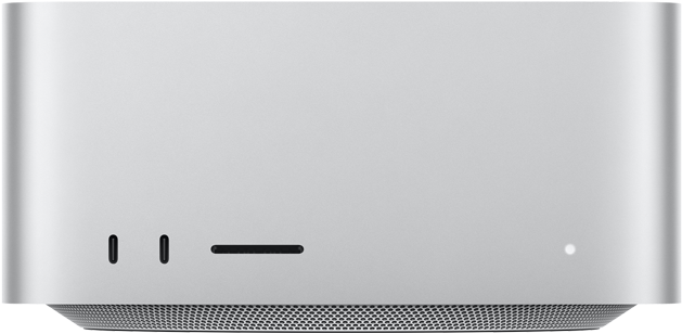 Mac Studio, parte frontal, dos puertos USB‑C, ranura para tarjeta SDXC, luz indicadora de estado, base cónica en la parte inferior, superficie plana en la parte superior, lados redondeados, bordes rectos, color plata