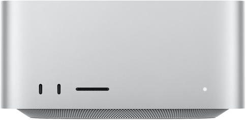 Mac Studio, parte frontal, dos puertos USB‑C, ranura para tarjeta SDXC, luz indicadora de estado, base cónica en la parte inferior, superficie plana en la parte superior, lados redondeados, bordes rectos, color plata