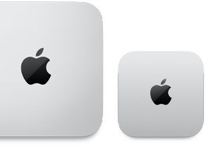 Vista desde arriba de una Mac mini 2024 color plata con el logo de Apple al lado de una Mac mini 2023 color plata con el logo de Apple para mostrar la diferencia en tamaño