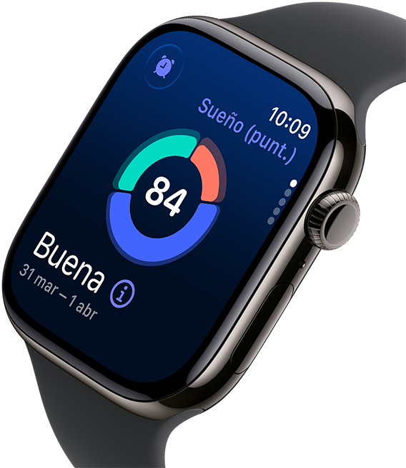 Primer plano de un Apple Watch Series 11 con caja de titanio color pizarra, Puntuación de Sueño en la pantalla