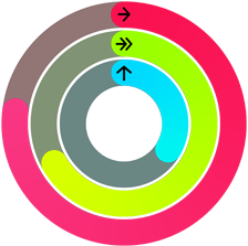 Círculos de Actividad rojo, verde y azul, que representan las metas de movimiento, ejercicio y pararse en la app Actividad
