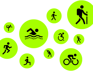 Íconos de entrenamientos con figuras hechas de palitos que corren, caminan, nadan, usan una silla de ruedas, hacen senderismo, andan en bici, hacen zancadas, bailan, hacen estiramientos y yoga