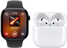 Apple Watch Series 11, caja de titanio color pizarra, correa deportiva negra, app Apple Music abierta, enlazado con unos AirPods 4