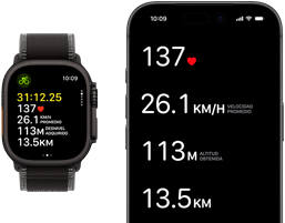 Datos de un entrenamiento en vivo en un Apple Watch Ultra 3 y un iPhone
