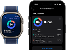 Gráfica circular y puntaje de Puntuación de Sueño en el Apple Watch Ultra 3, análisis completo abierto en el iPhone enlazado