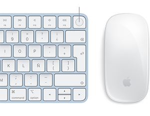 Primer plano del Magic Keyboard y el Magic Mouse a juego que destaca el sensor de huellas digitales Touch ID